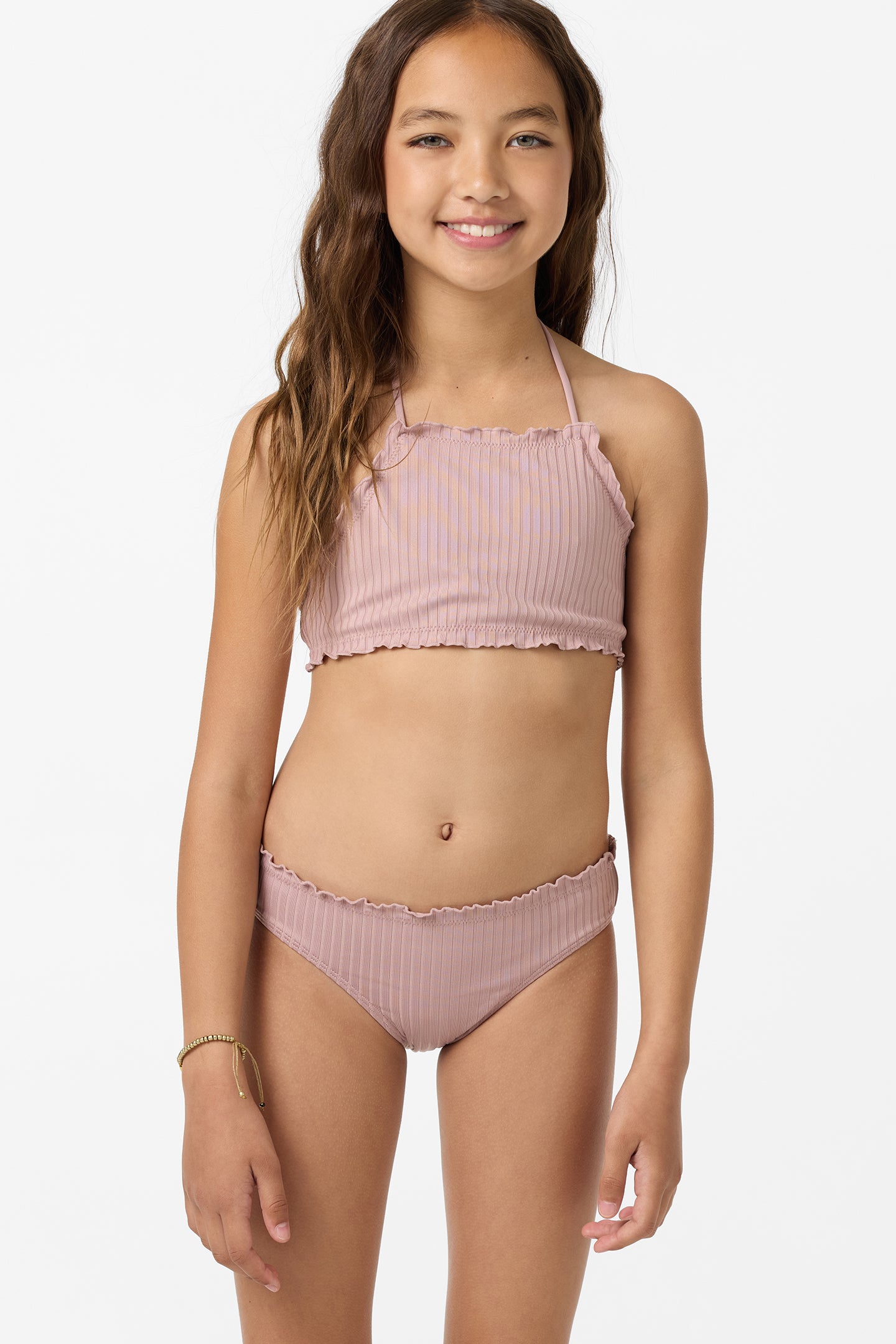 Girl's Shorebreak Rib Ruffle Edge Hi Neck Swim Set